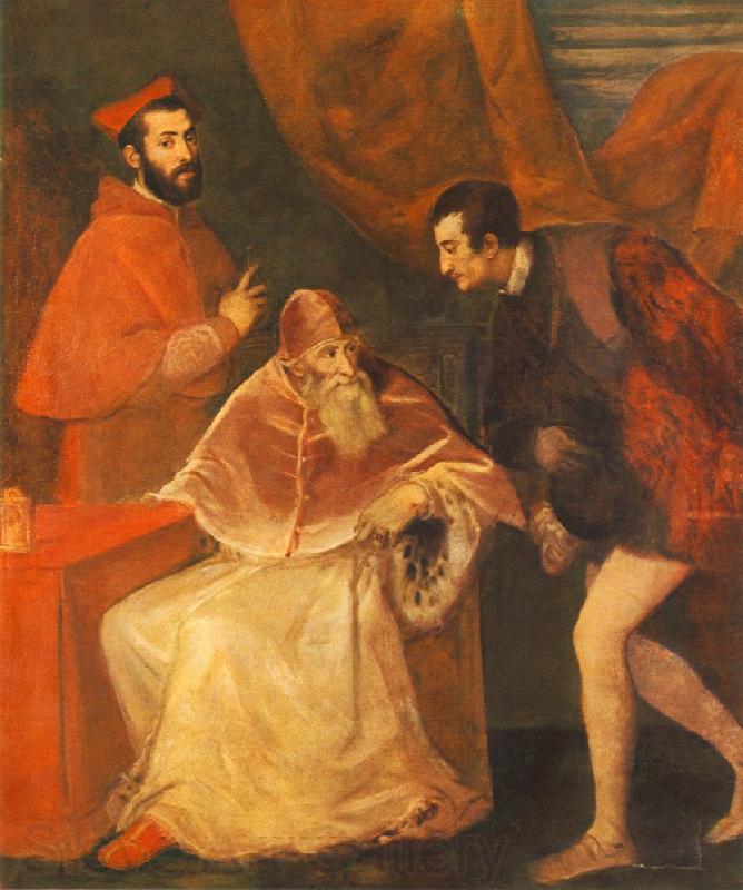 TIZIANO Vecellio Pope Paul III with his Nephews Alessandro and Ottavio Farnese ar Germany oil painting art